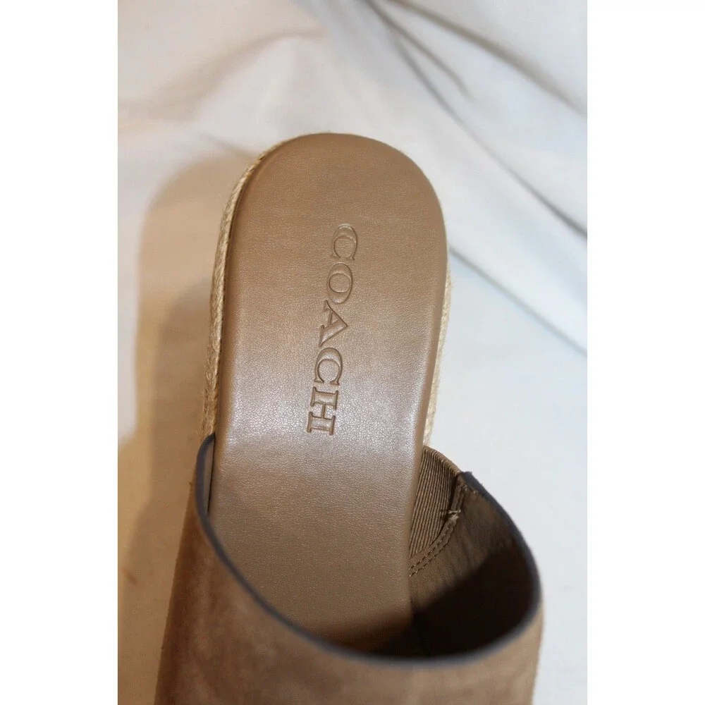 COACH Women Suede Espadrille Platform Wedge Slide Sandals Coconut Brown NEW 11